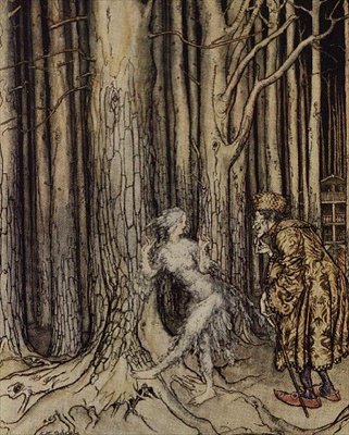 Eindelijk ontmoette ze de Bruidegom die langzaam terugkwam, illustratie bij Fitchers Vogel uit Kleine Broer, Kleine Zus door de Gebroeders Grimm, 1917 door Arthur Rackham