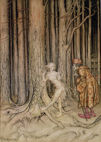 Eindelijk ontmoette ze de bruidegom die langzaam terugkwam, illustratie voor Fitchers Vogel, uit Kleine Broer, Kleine Zus, door de Gebroeders Grimm, 1917 door Arthur Rackham