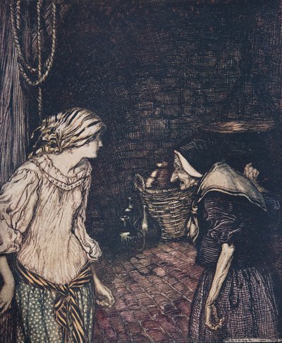 Eindelijk bereikte ze de kelder, en daar vond ze een oude, oude vrouw met een trillend hoofd.., uit De sprookjes van de gebroeders Grimm door Arthur Rackham