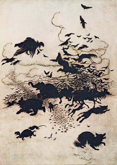 Bij de derde steek schreeuwde de vos en ging zijn staart tussen zijn benen, uit De Sprookjes van de Gebroeders Grimm, pub. 1909 door Arthur Rackham