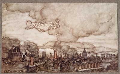 Weg vloog hij recht over de huizen naar de tuinen, uit Peter Pan in Kensington Gardens door J M Barrie (1860 - 1937), pub. 1906 door Arthur Rackham