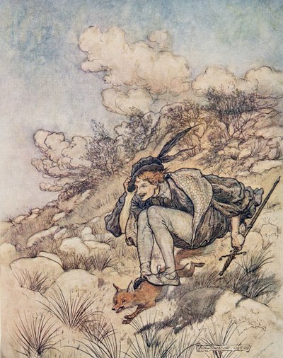 Weg vlogen ze over stok en steen, zo snel dat zijn haar in de wind floot, uit De Sprookjes van de Gebroeders Grimm, pub. 1909 door Arthur Rackham