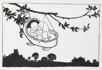 Baby in een wieg hangend aan een tak door Arthur Rackham