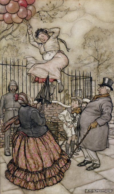 Ballonnen, illustratie uit Peter Pan in Kensington Gardens, door J.M. Barrie, gepubliceerd 1906 door Arthur Rackham