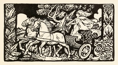 Becfola in haar wagen, uit The Wooing of Becfola in Irish Fairy Tales door Arthur Rackham