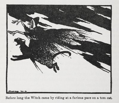Al snel kwam de Heks langsrijden op een razende kat door Arthur Rackham