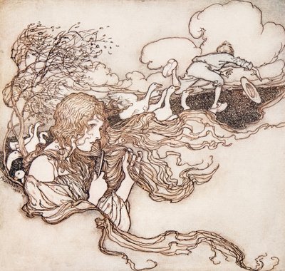 Blaas, blaas, kleine bries, en grijp Conrads hoed, uit De Sprookjes van de Gebroeders Grimm, pub. 1909 door Arthur Rackham