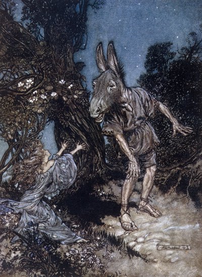 Bottom de ezelkopman en Titania de koningin van de feeën. Illustratie door Arthur RACKHAM voor De Droom van een Zomernacht door William SHAKESPEARE door Arthur Rackham