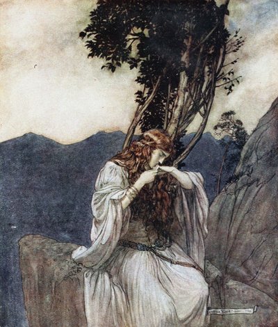 Brünnhilde kust de ring die Siegfried bij haar heeft achtergelaten. Illustratie voor Siegfried en de Twi door Arthur Rackham
