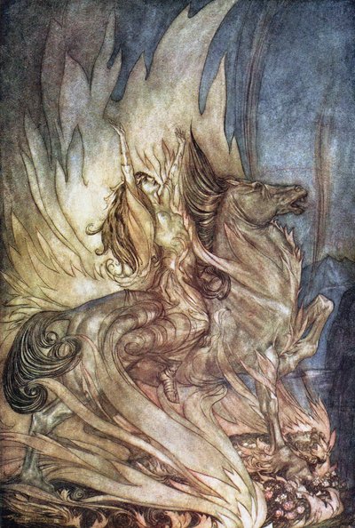 Brünnhilde op Grane springt op de brandstapel van Siegfried. Illustratie voor Siegfried en De Tw door Arthur Rackham