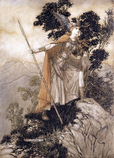 Brunhilde, illustratie uit Het Rijngoud en de Walkure door Richard Wagner, 1910 door Arthur Rackham