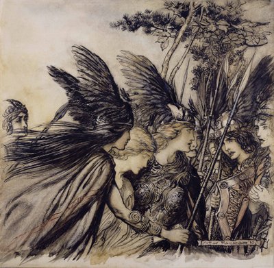 Brunnhilde smeekt de Walkuren, illustratie uit Het Rijngoud en de Walkure, door Richard Wagner, editie gepubliceerd 1910 door Arthur Rackham