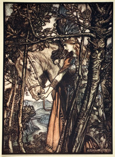 Brunnhilde leidt langzaam en stilletjes haar paard naar het pad naar de grot door Arthur Rackham