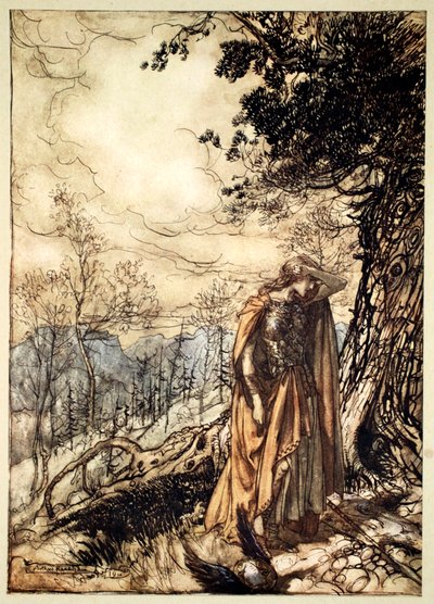 Brunnhilde staat lange tijd verdwaasd en gealarmeerd, 1910 door Arthur Rackham