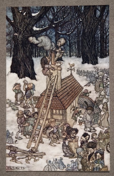 Het huis bouwen voor Maimie, uit Peter Pan in Kensington Gardens door J M Barrie, pub. 1906 door Arthur Rackham