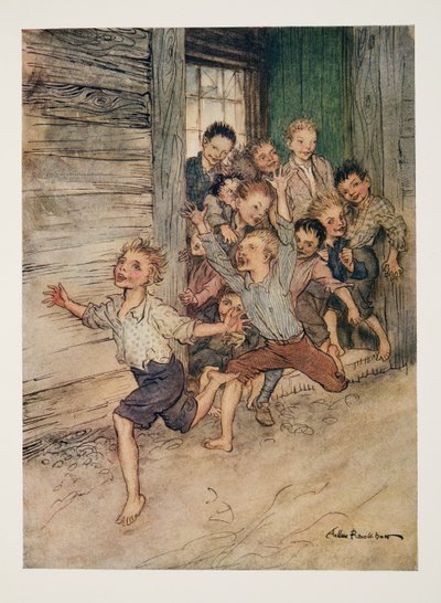 Uitbarstend als een legioen jonge duivels, uit De Legende van Sleepy Hollow door Washington Irving (1783 - 1859), pub. 1928 door Arthur Rackham