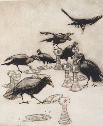 Maar ze zeiden de een na de ander: Hallo! Wie heeft van mijn bord gegeten? Wie heeft uit mijn beker gedronken? uit De Sprookjes van de Gebroeders Grimm, pub. 1909 door Arthur Rackham