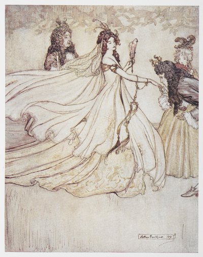 Assepoester in een baljurk door Arthur Rackham
