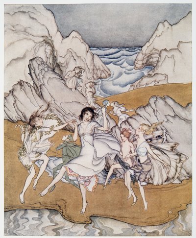 Kom naar deze gele zandstranden, illustratie uit William Shakespeares De Storm, uitgegeven 1926 door Arthur Rackham