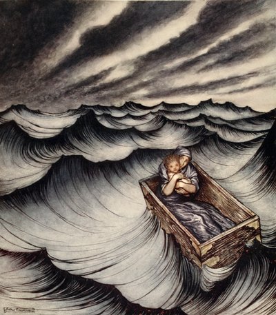 Danaë omhelsde haar kind stevig, illustratie uit 