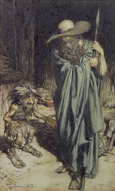 Dwerg en Wotan, uit Wagners Ring des Nibelungen, 1911 door Arthur Rackham