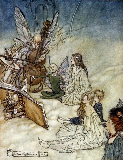 Elfen die muziek spelen Illustratie door Arthur RACKHAM (1867-1939) voor De Droom van een Zomernacht door William SHAKESPEARE door Arthur Rackham