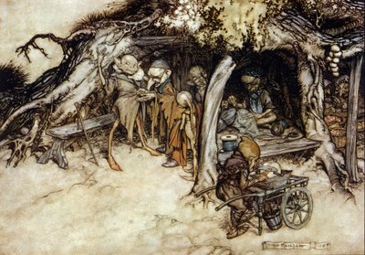 Elfen maken een jas, Illustratie door Arthur RACKHAM (1867-1939) voor De droom van een zomernacht door William SHAKESPEARE door Arthur Rackham