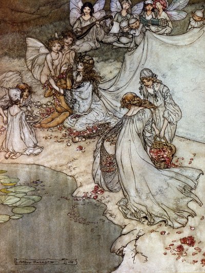 Elfen maken rozenkettingen. Illustratie voor De Droom van een Zomernacht door William Shakespeare door Arthur Rackham