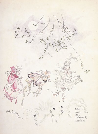 Enter: Cobweb, Moth, Mosterdzaad & Peaseblossom. Illustratie voor Shakespeare