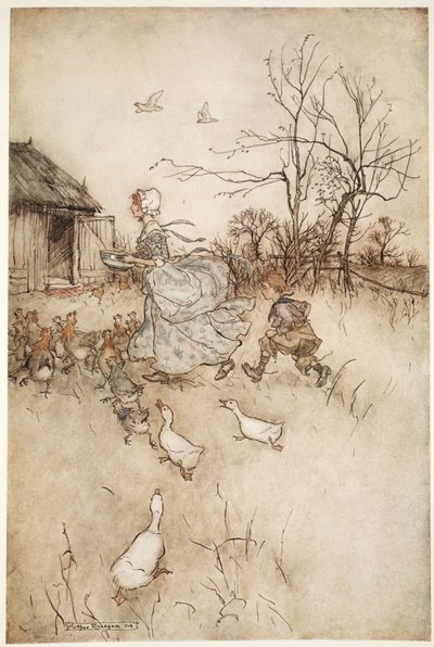 Gekleed in een paar van zijn vaders afgedankte broek die hij net zo moeilijk omhoog moest houden als een deftige dame haar sleep bij slecht weer., uit Rip Van Winkle door Washington Irving, uitgegeven 1910 door Arthur Rackham