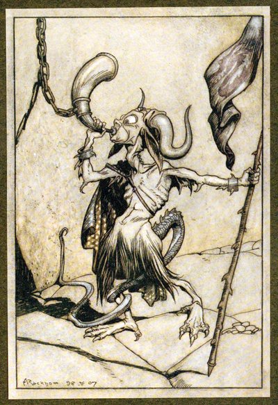 Voordat de hoorn bij de poort van de Barbican-toren werd geblazen met een luid twintig-trompettervermogen door Arthur Rackham