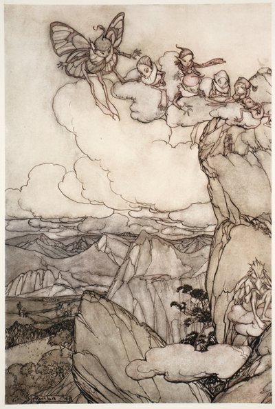 Feeën in bergen, uit Rip Van Winkle door Washington Irving, uitgegeven 1910 door Arthur Rackham