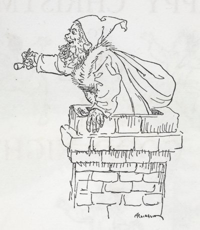 Kerstman die door een schoorsteen klimt door Arthur Rackham