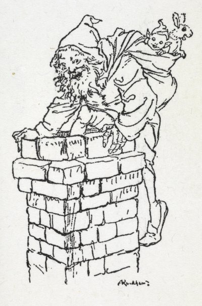 Kerstman die met een zak cadeaus door een schoorsteen klimt door Arthur Rackham