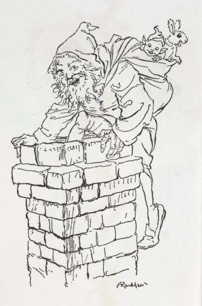 Kerstman die een schoorsteen in klimt met cadeaus door Arthur Rackham