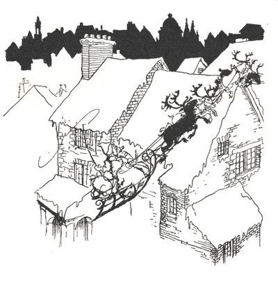 Kerstman in zijn slee vliegend over besneeuwde daken door Arthur Rackham