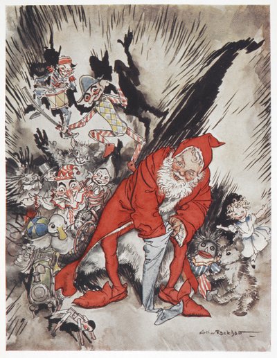 Kerstman omringd door cadeaus door Arthur Rackham