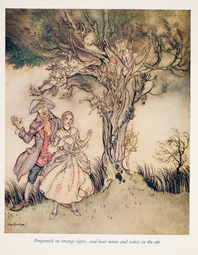 Vaak vreemde bezienswaardigheden zien en muziek en stemmen in de lucht horen, uit De Legende van Sleepy Hollow door Washington Irving (1783 - 1859), pub. 1928 door Arthur Rackham
