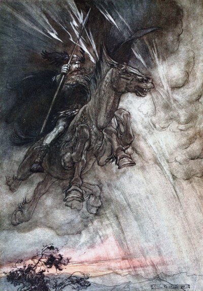 Woedend rijdt Wotan naar de rots. Illustratie voor Het Rijngoud en De Walkure door Richard door Arthur Rackham