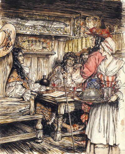 Ga en zie in een van de koffiehuizen in King Street in Westminster, illustratie uit The Compleat Angler door Isaac Walton, 1931 door Arthur Rackham