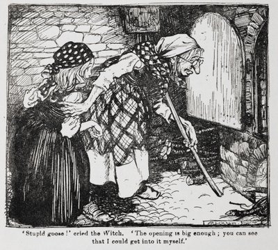 Grietje en de oude heks bij de oven uit Hans en Grietje door Arthur Rackham