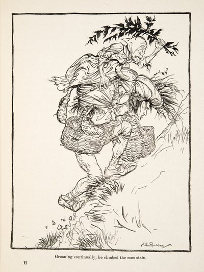 Hij klauterde voortdurend kreunend de berg op, uit Kleine Broer & Kleine Zus en Andere Verhalen door de Gebroeders Grimm, pub.1917 (litho) door Arthur Rackham