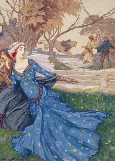 Guinevere gered door La Cote Male Taile, illustratie uit Een verzameling verhalen uit oude sprookjes: Grimm, Andersen en verhalen van Koning Arthur, gepubliceerd 1905 door Arthur Rackham