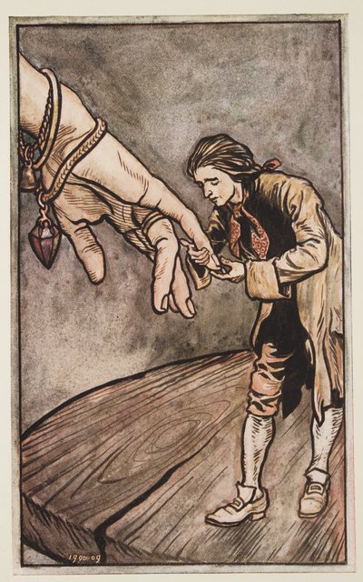 Gulliver kust de hand van de koningin van Brobdingnag, uit Gullivers Reizen door Jonathan Swift (1667 - 1745), pub. 1909 door Arthur Rackham