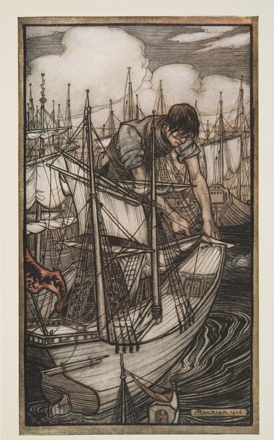 Gulliver Grijpt de Vloot van de Vijand, uit Gullivers Reizen door Jonathon Swift, pub. 1909 door Arthur Rackham