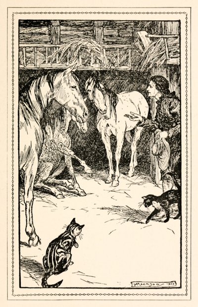 Gulliver heeft de eer om ondervraagd te worden door de gasten van zijn meester, uit Deel IV: Een reis naar het land van de Houyhnhnms in Gullivers Reizen door Jonathan Swift door Arthur Rackham