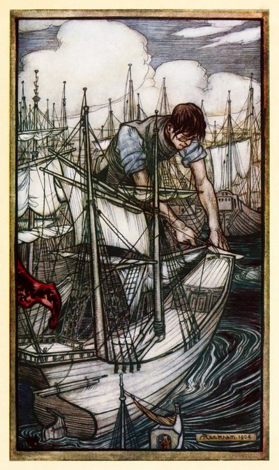 Gulliver grijpt de vloot van de vijand, uit Deel I: Een reis naar Lilliput in Gullivers Reizen door Jonathan Swift door Arthur Rackham