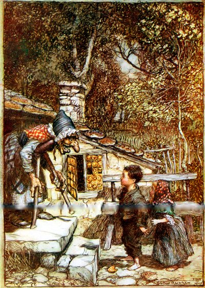 Hans en Grietje en de heks op de drempel van haar huisje door Arthur Rackham