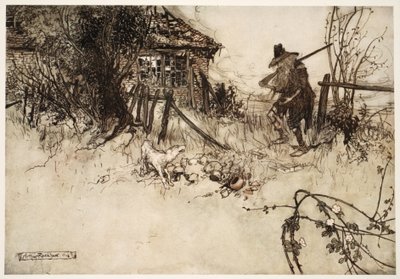 Hij vond het huis in verval. Mijn eigen hond, zuchtte arme Rip, is me vergeten., uit Rip Van Winkle door Washington Irving, uitgegeven 1910 door Arthur Rackham