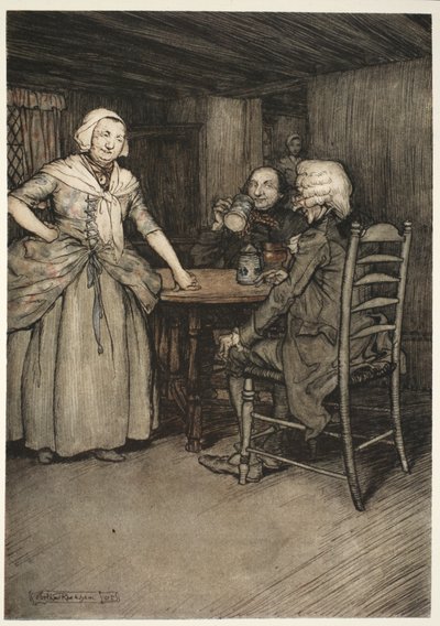 Hij vond de oude burgers, en nog meer hun vrouwen, rijk aan die legendarische liefde die zo onschatbaar is voor ware geschiedenis., uit Rip Van Winkle door Washington Irving, uitgegeven 1910 door Arthur Rackham
